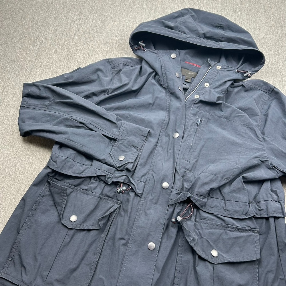 Jcrew Perfect Lightweight Jacket Womens Large Full Zip Hooded Blue Pockets H8701